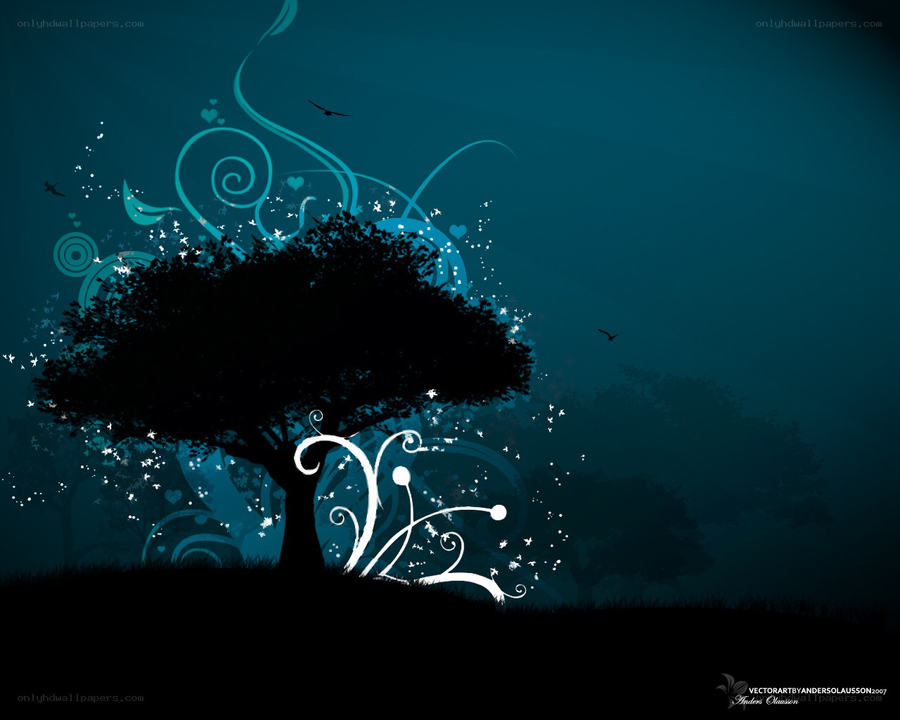 Silhouette tree with swirls