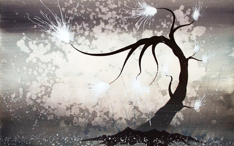 Silhouette tree with white bursts