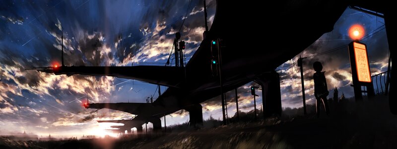 Silhouette under a bridge at dusk