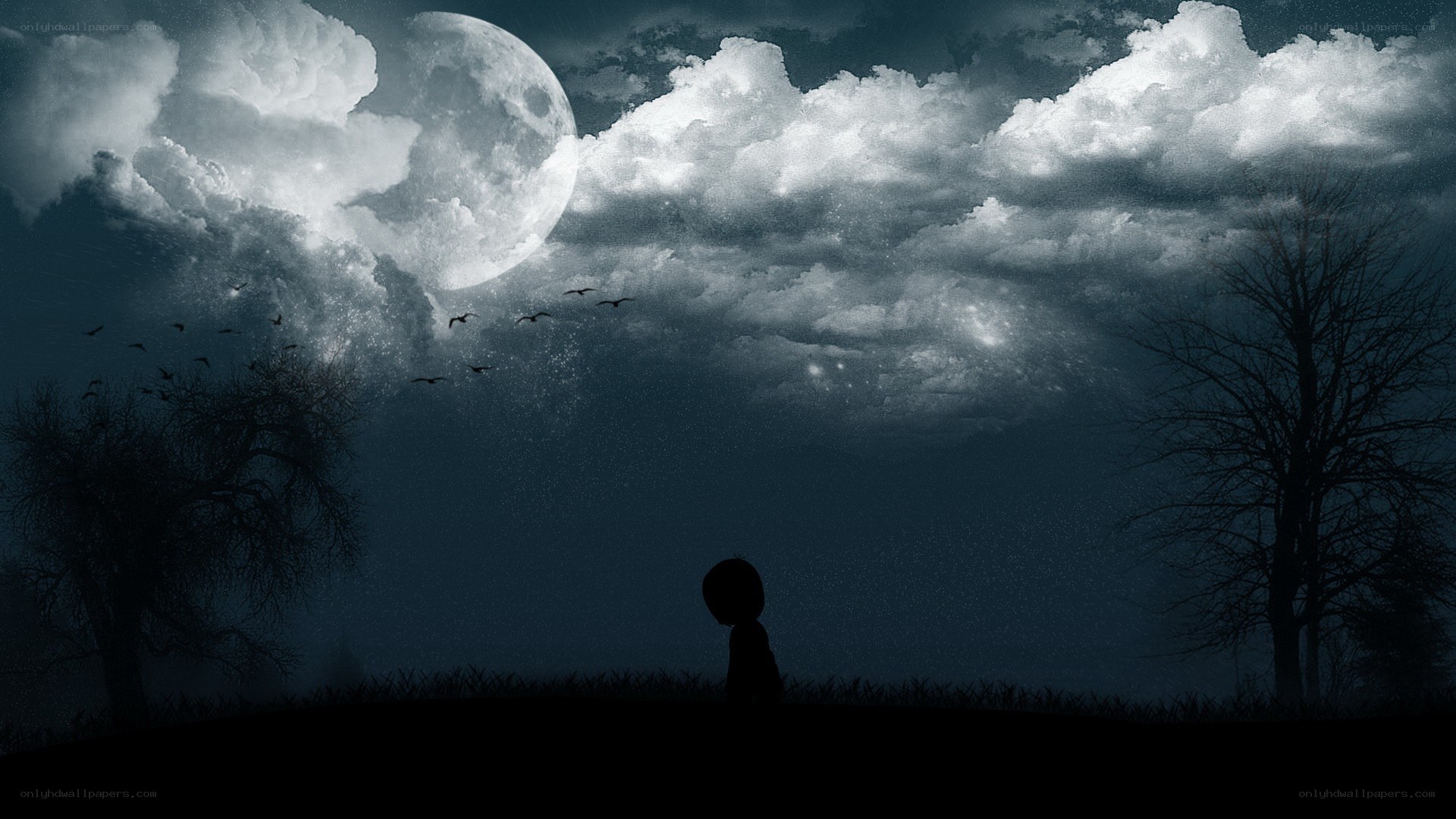 Silhouette under a full moon