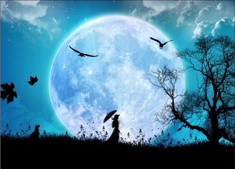 Silhouette under a giant moon