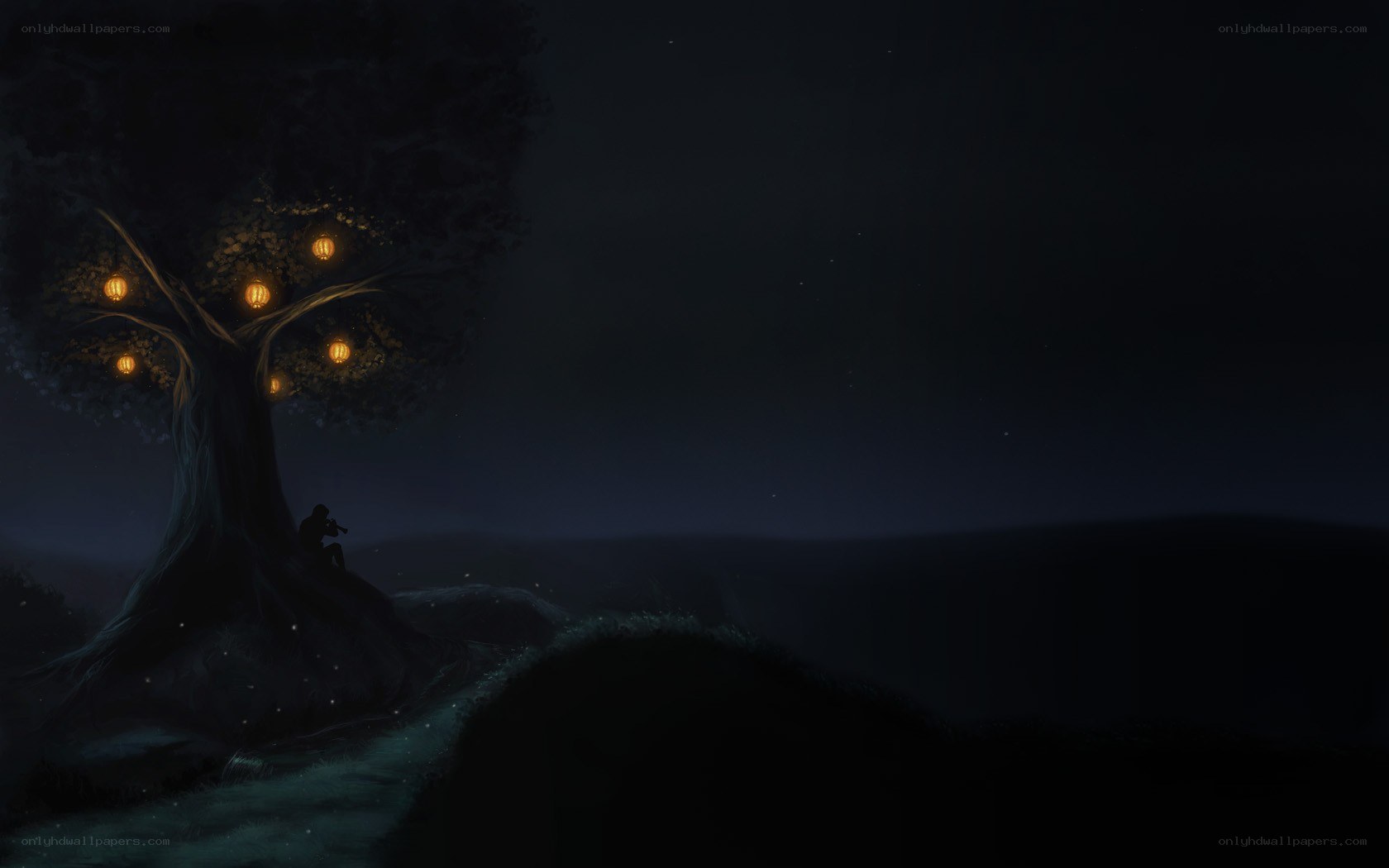 Silhouette under a lantern-lit tree