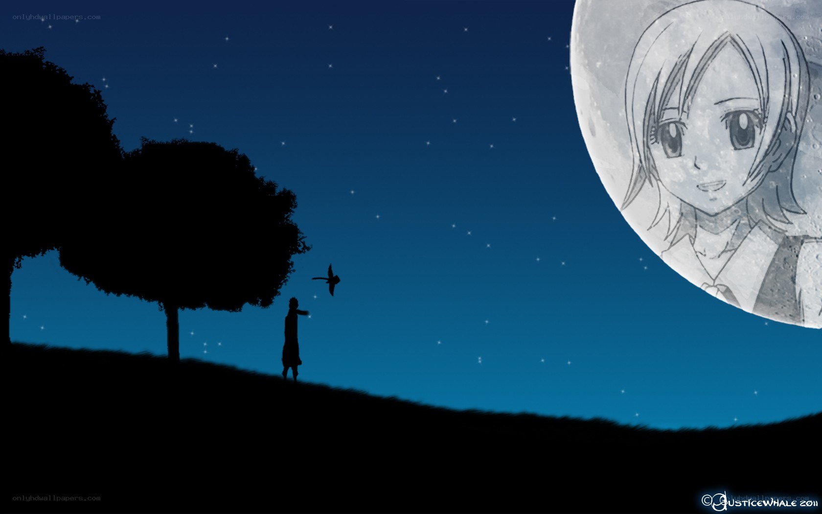 Silhouette under a moon with face