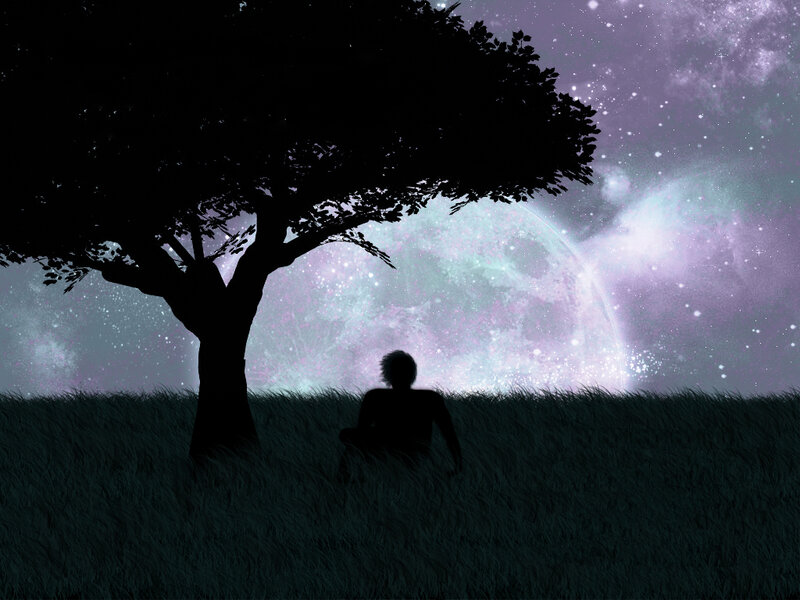 Silhouette under a starry sky