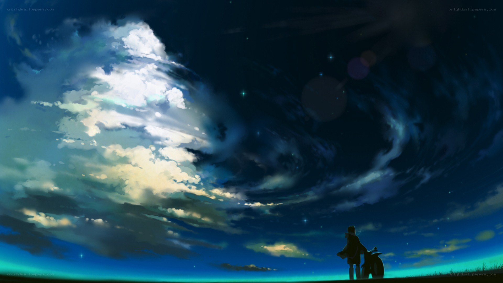 Silhouette under a swirling sky