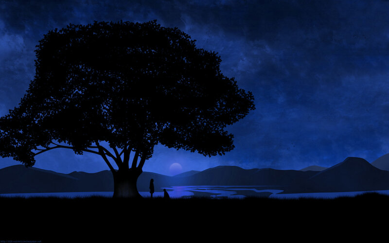 Silhouette under a tree at night