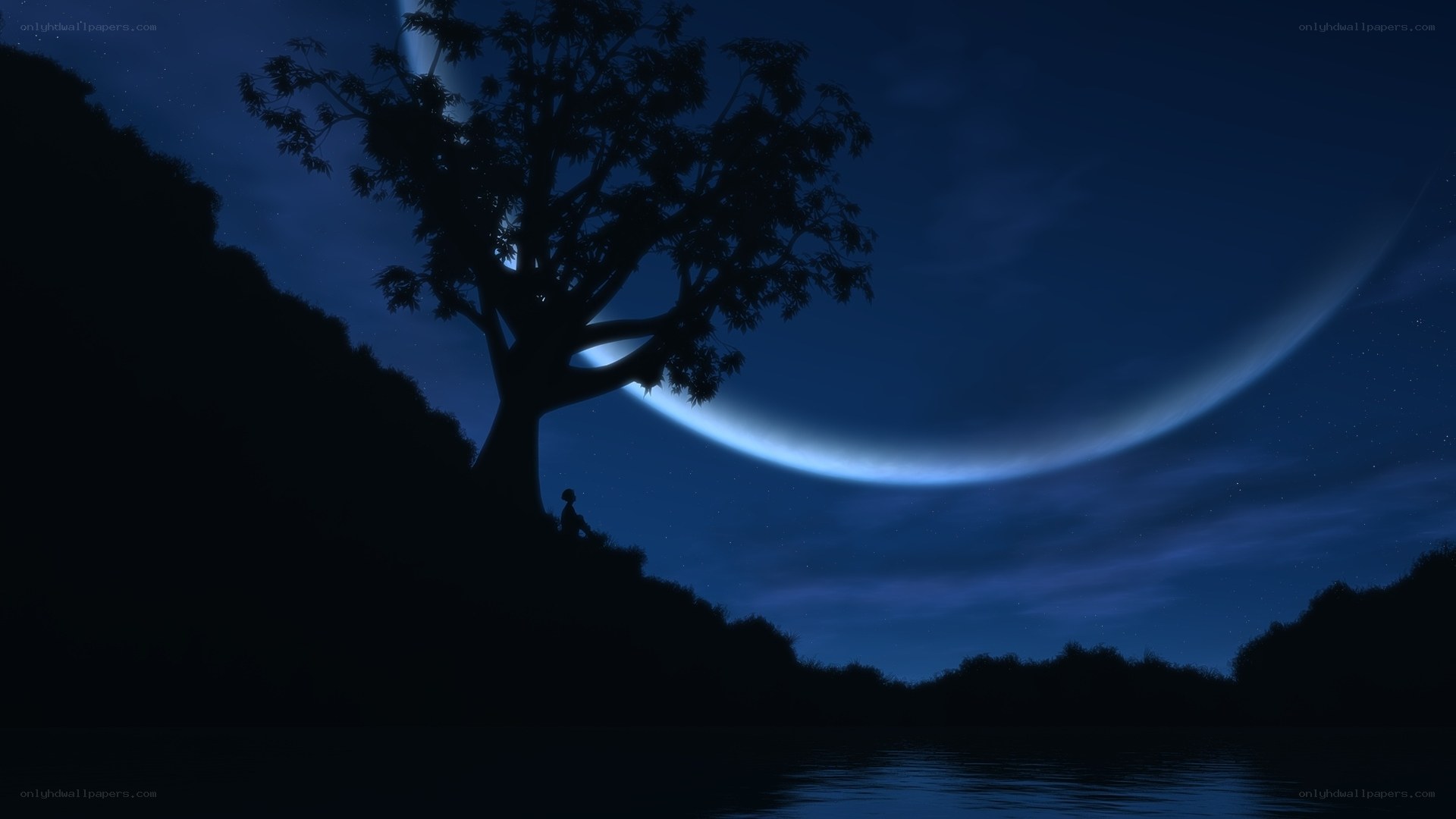 Silhouette under crescent moon