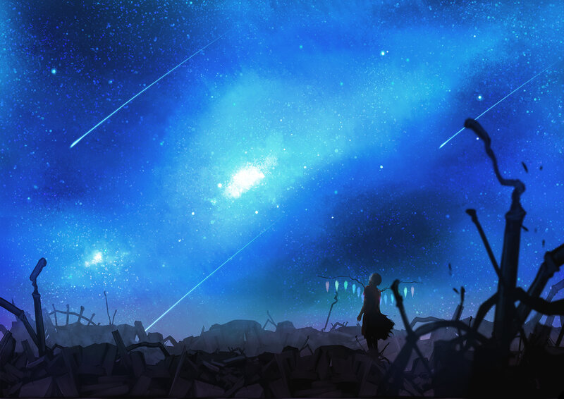 Silhouette under shooting stars