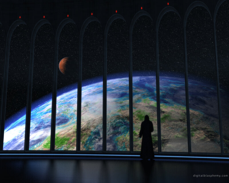Silhouette viewing Earth from space