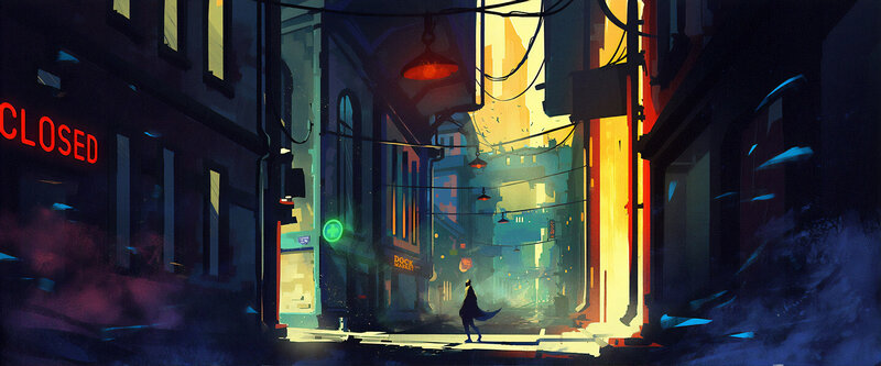 Silhouette Walking Down Alley — Blue