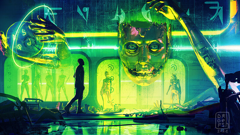 Silhouette Walking Past Alien Head
