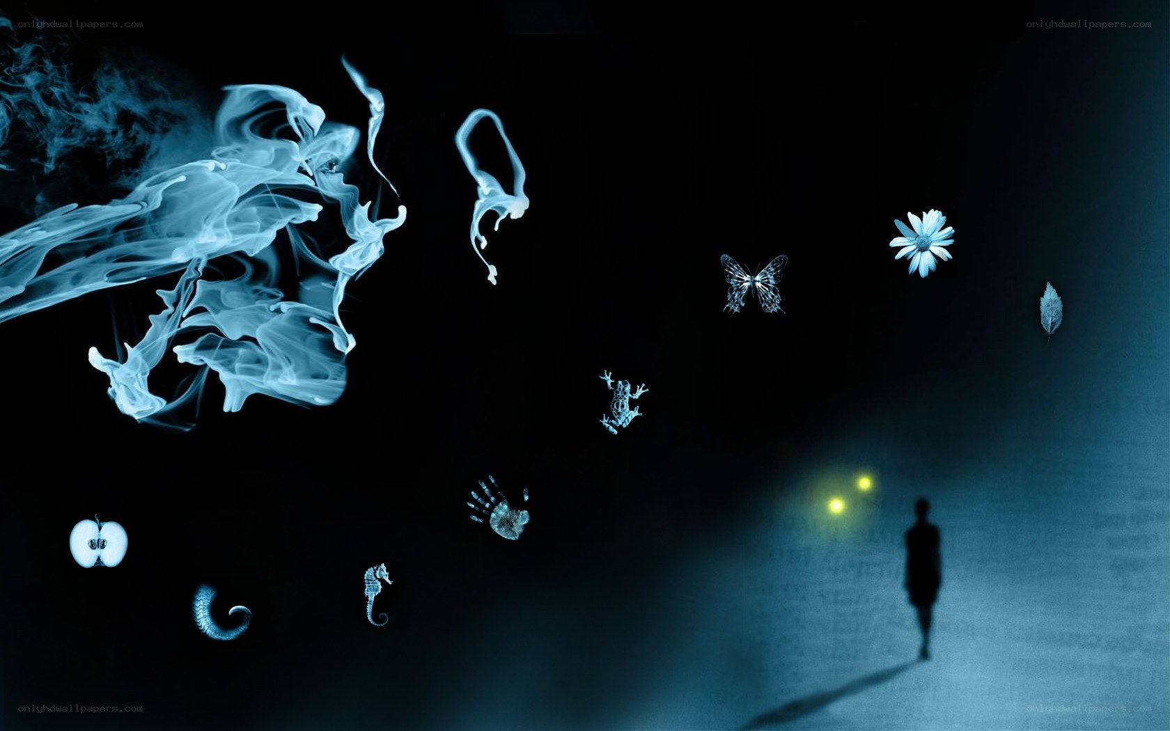 silhouette walking through glowing symbols