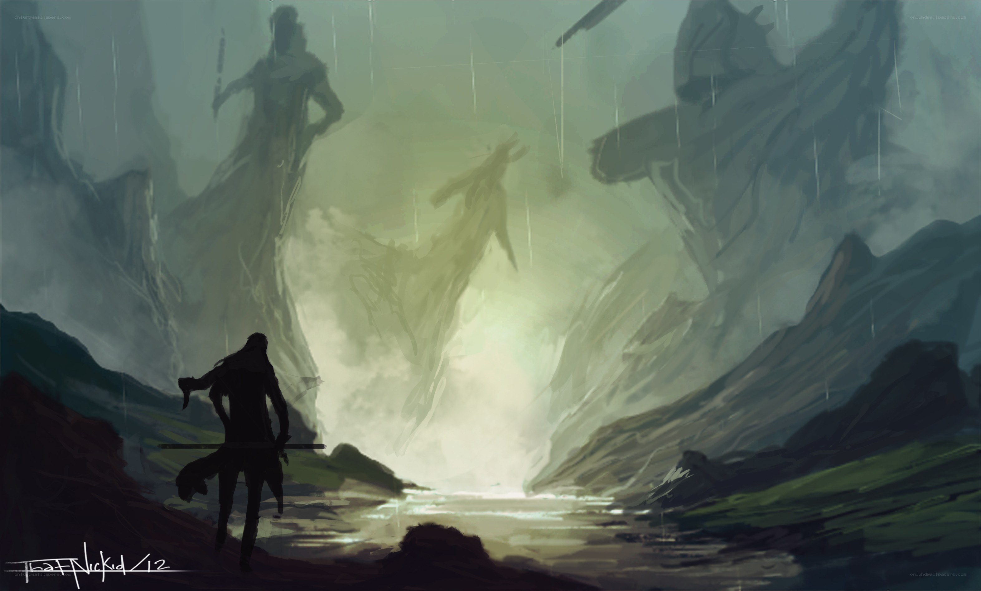 Silhouette warrior in a misty valley