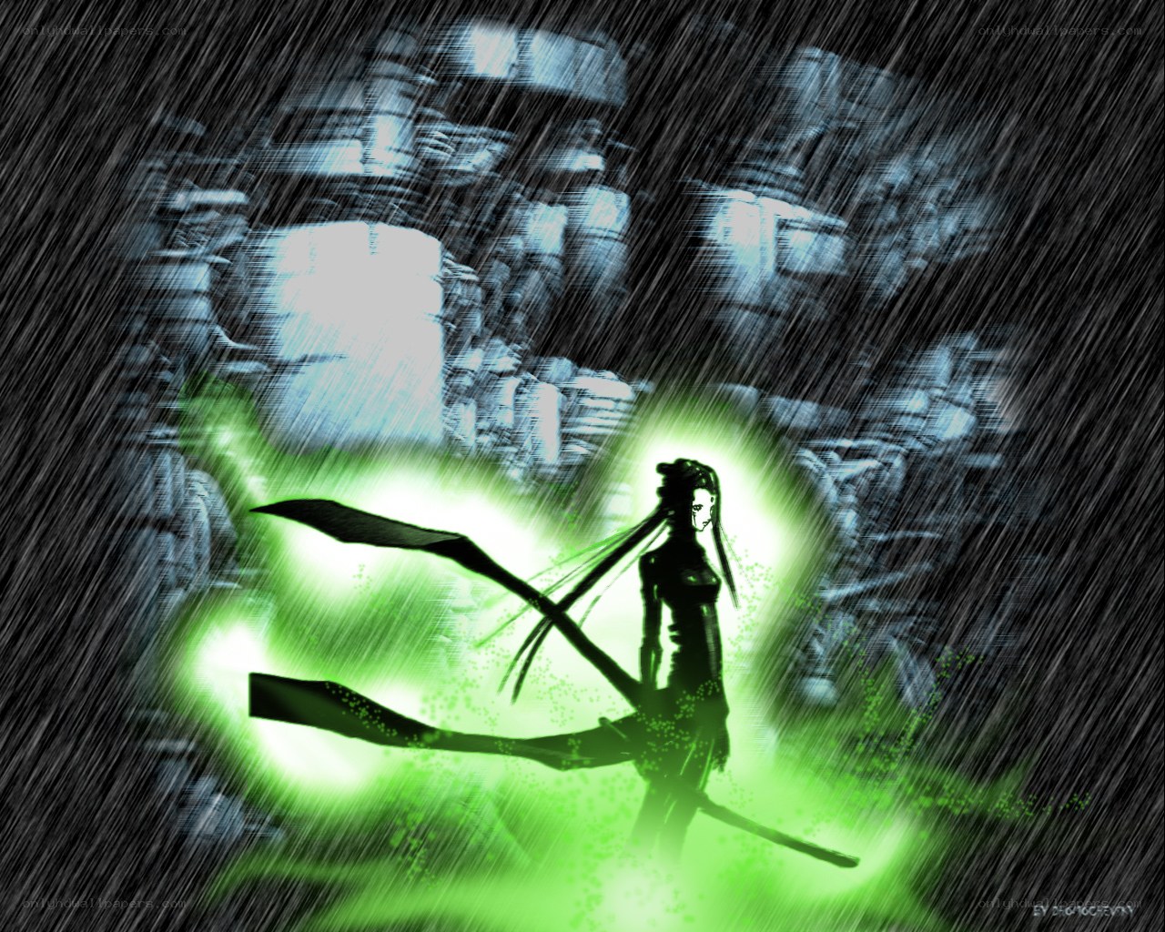 silhouette warrior in green light