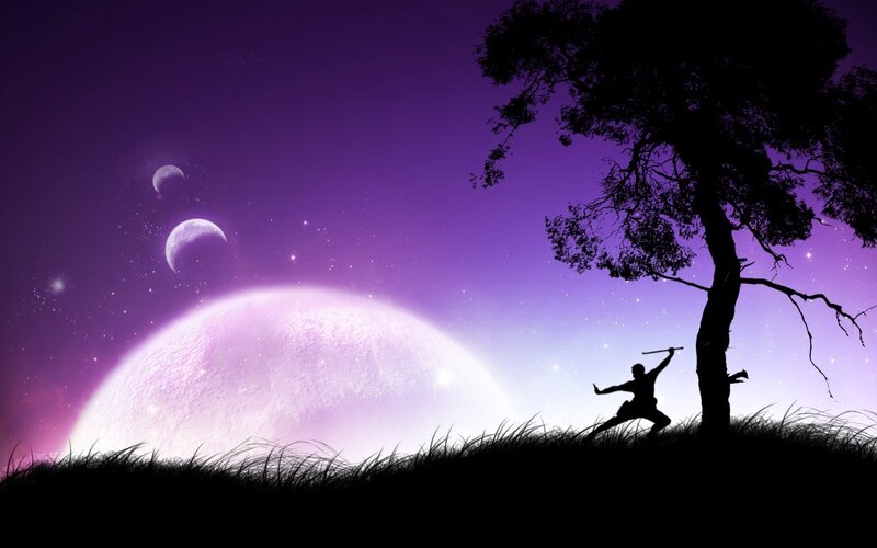 Silhouette warrior under alien sky