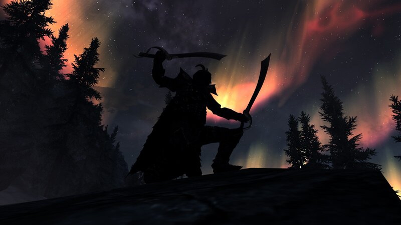 silhouette warrior under aurora