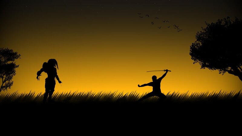 Silhouette Warriors Fighting — Black
