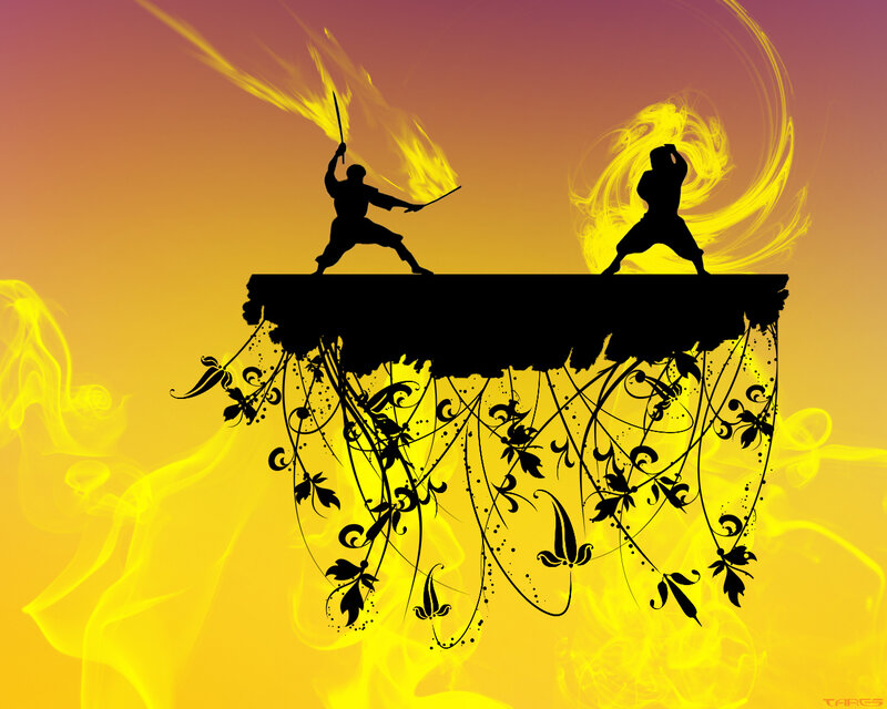 Silhouette warriors in combat