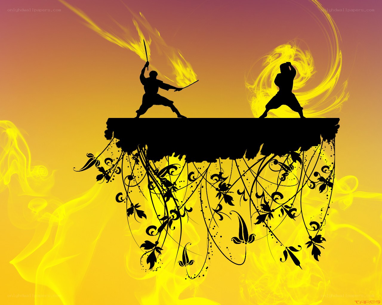 Silhouette warriors in combat