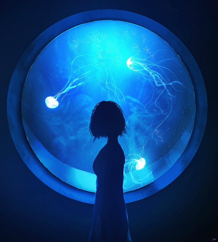 Silhouette Watching Jellyfish — Blue