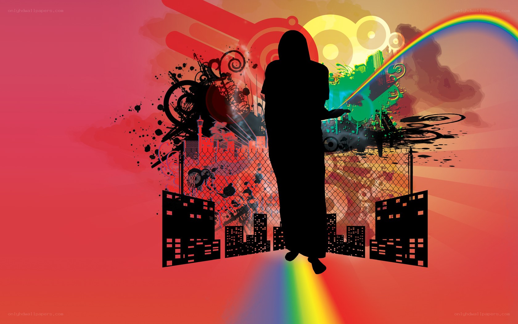 silhouette with cityscape and rainbow