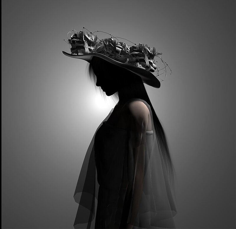 silhouette with elaborate hat