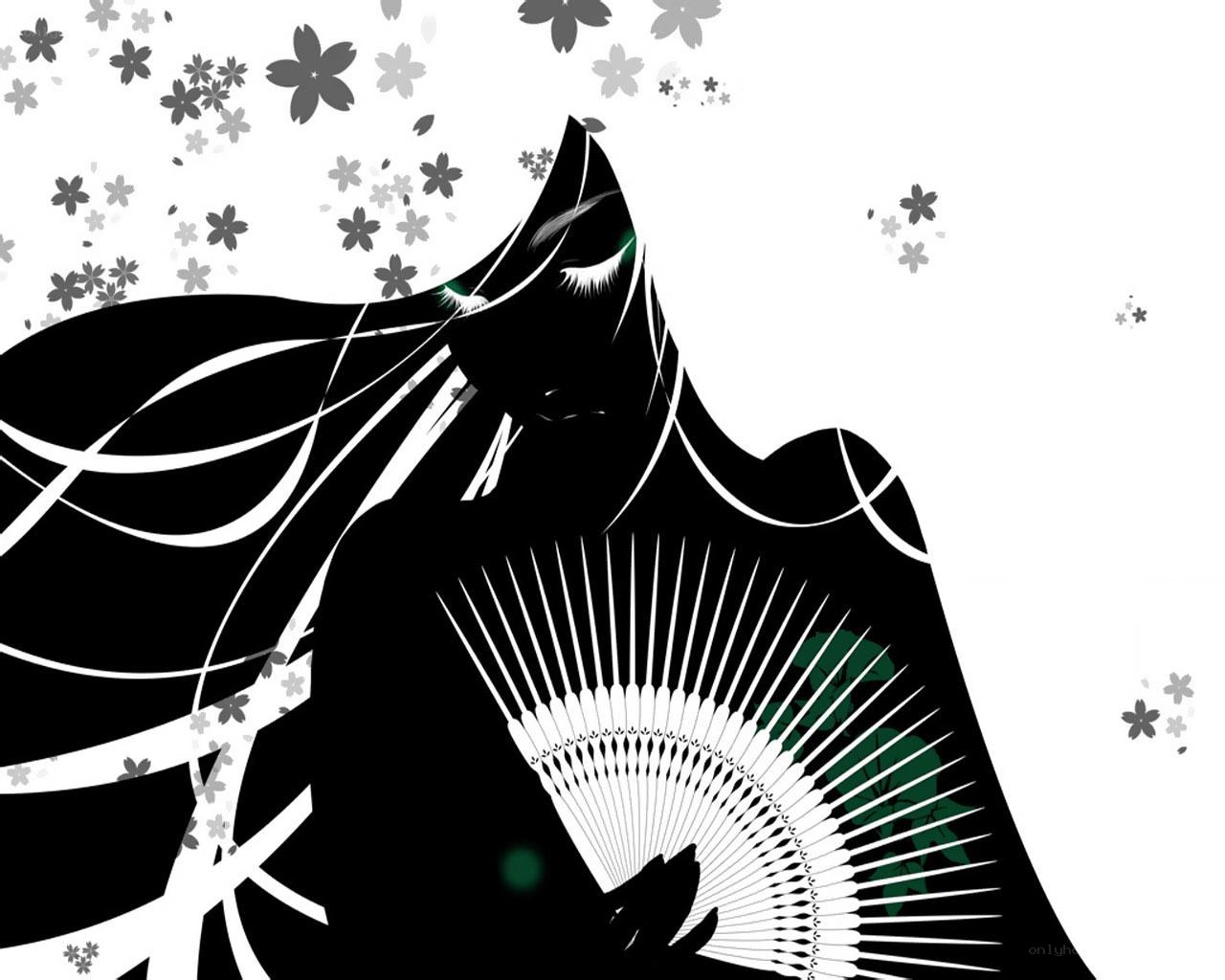 silhouette with fan and cherry blossoms