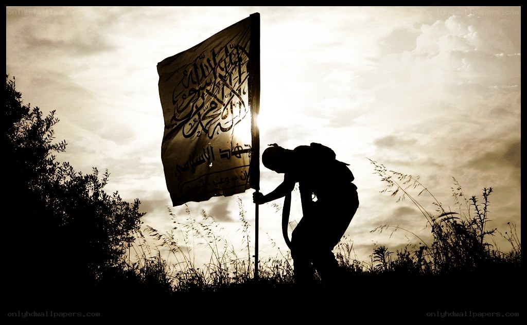 Silhouette with flag at sunset