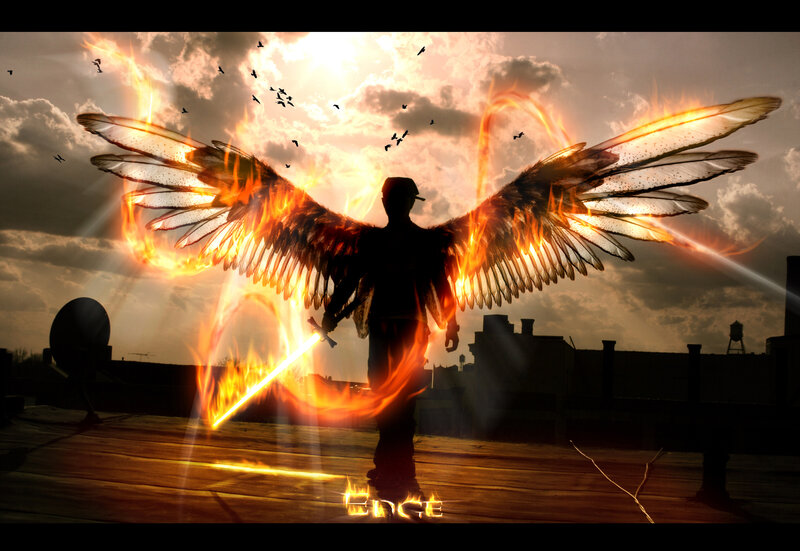Silhouette with Flaming Wings — Orange, Dramatic, Sunset