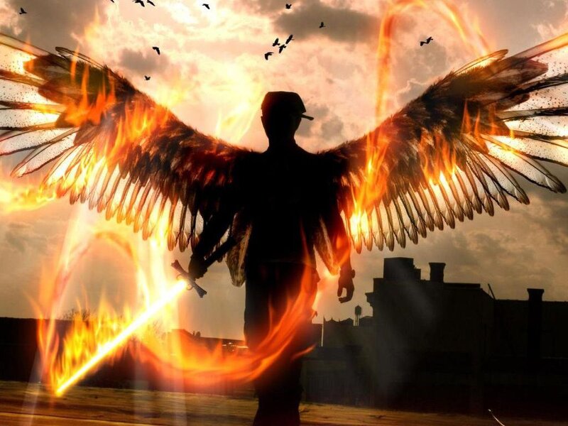 Silhouette with Flaming Wings — Orange
