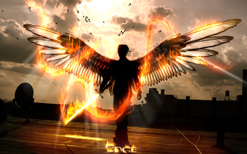 Silhouette with Flaming Wings