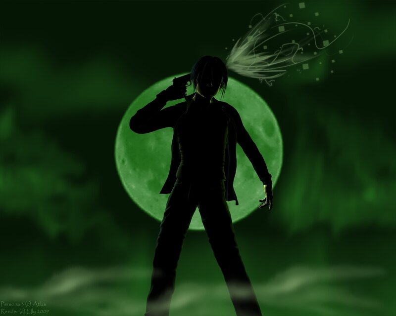 Silhouette with gun against green moon