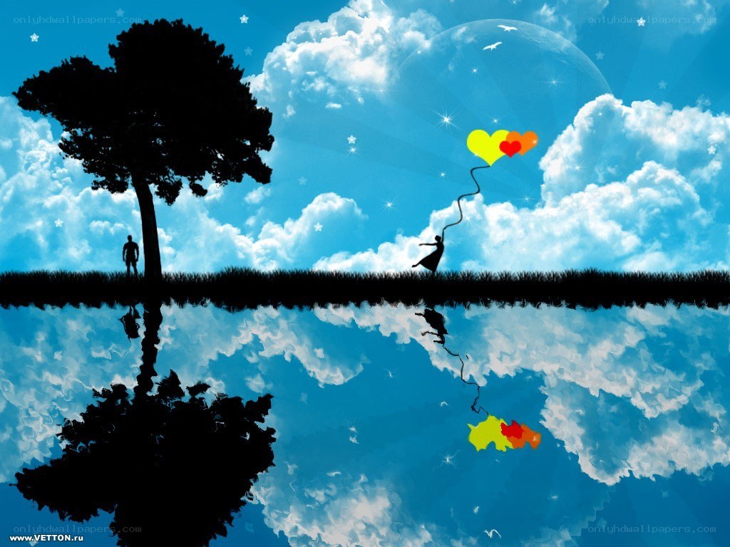 Silhouette with heart balloons
