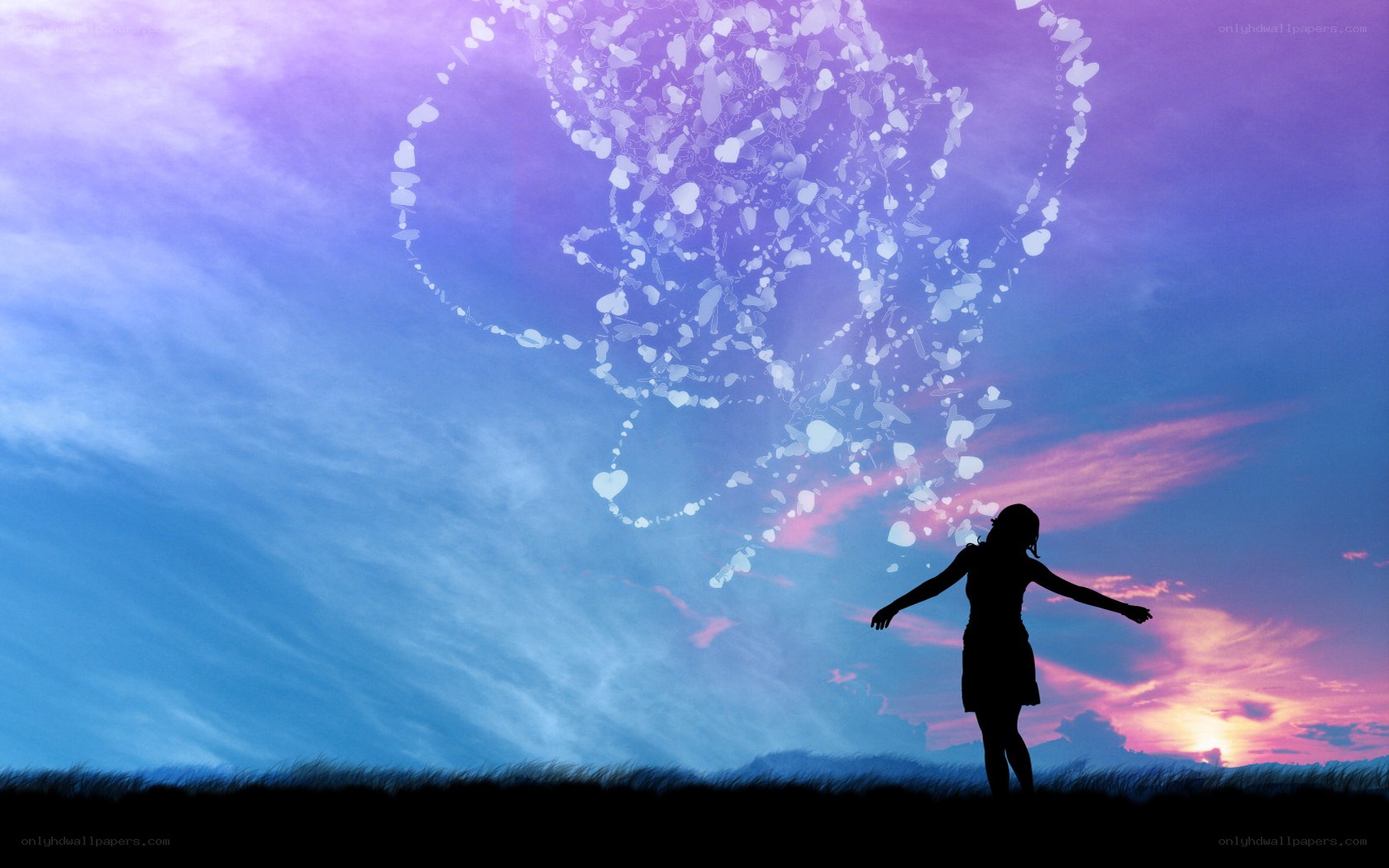 silhouette with heart particles