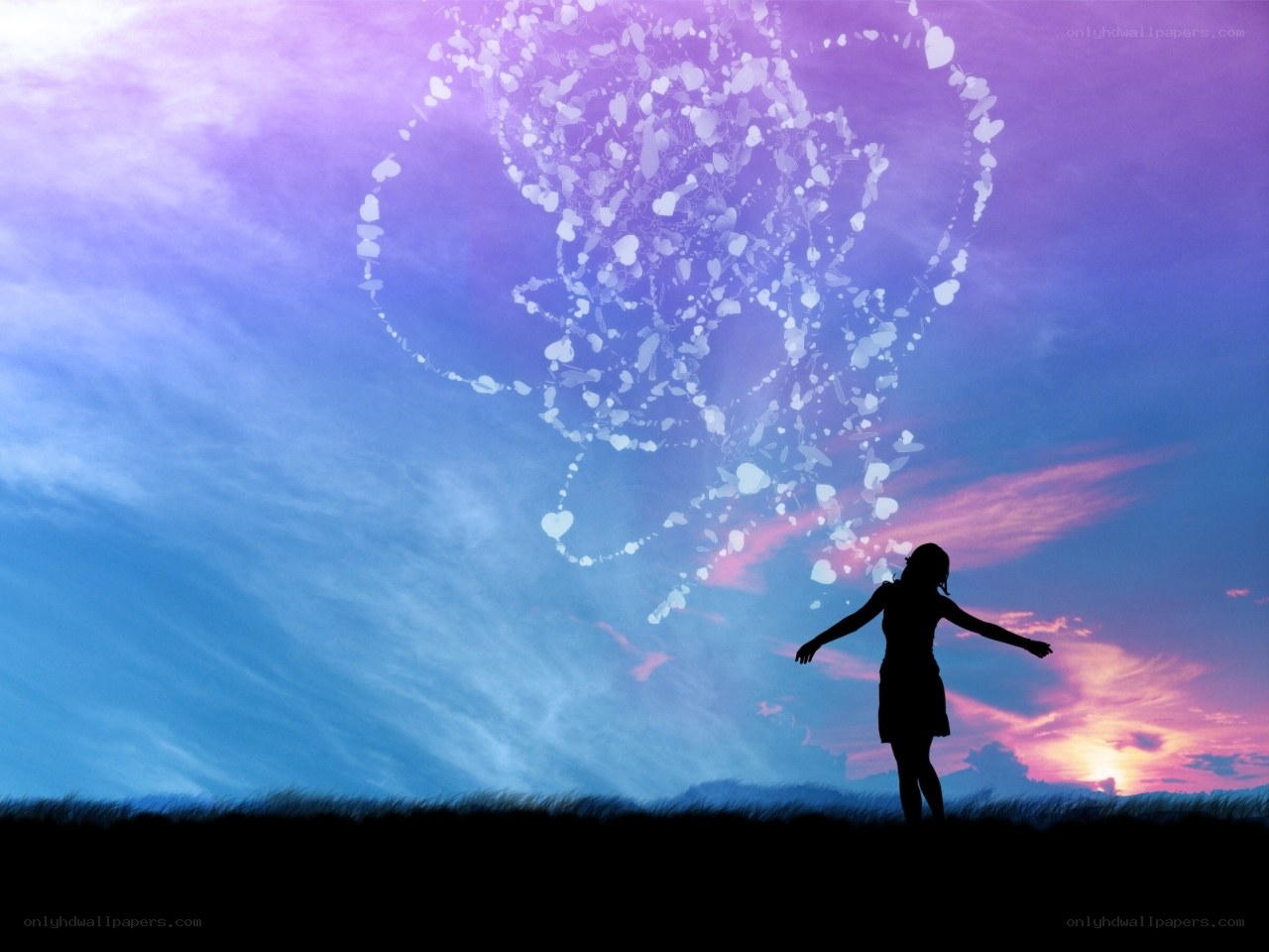 silhouette with heart particles