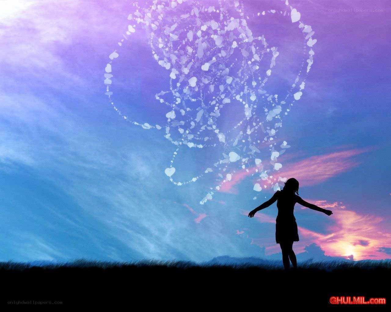 Silhouette with heart-shaped particles
