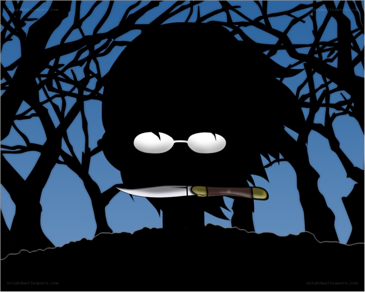 Silhouette with knife in forest