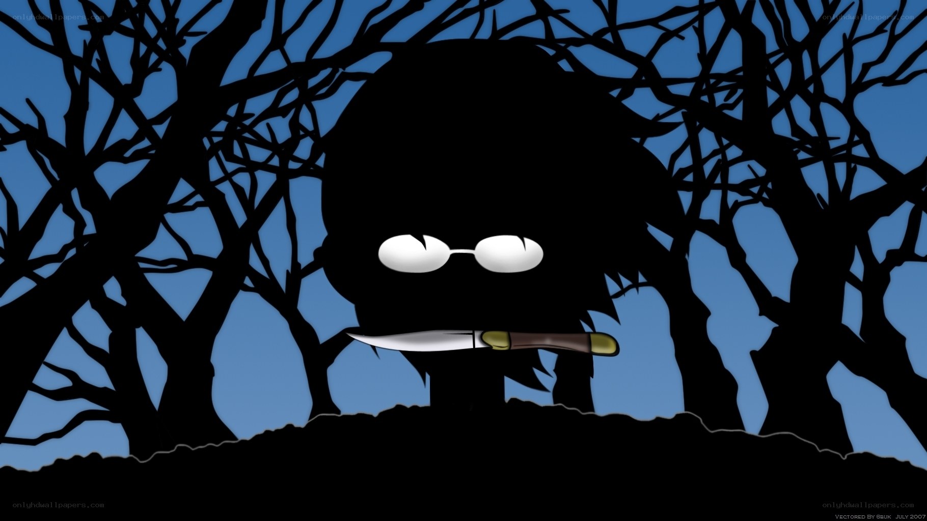 Silhouette with knife in forest