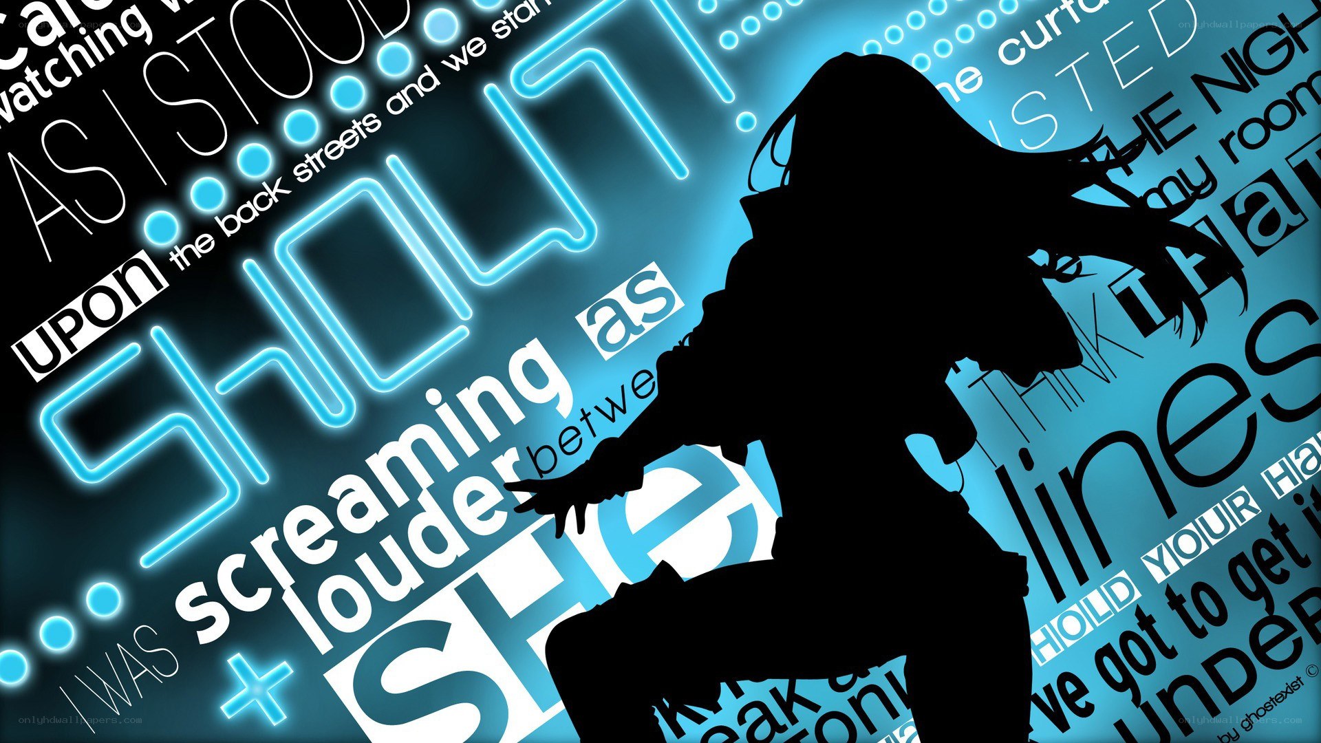 silhouette with neon text