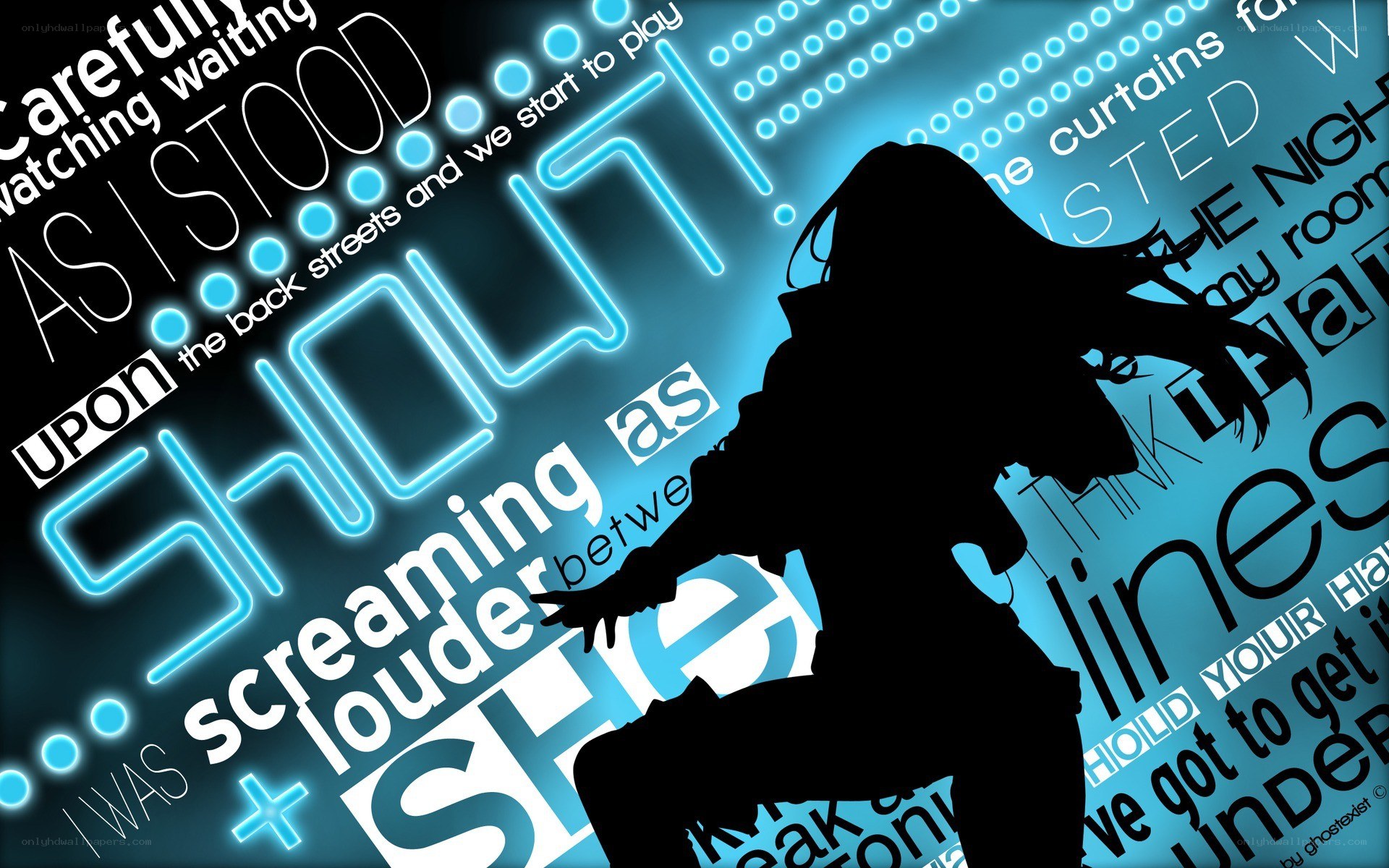 silhouette with neon text