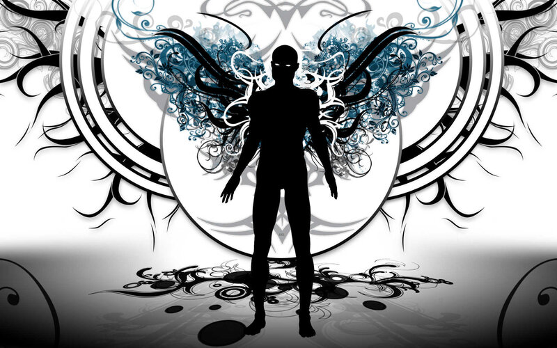 silhouette with ornate wings