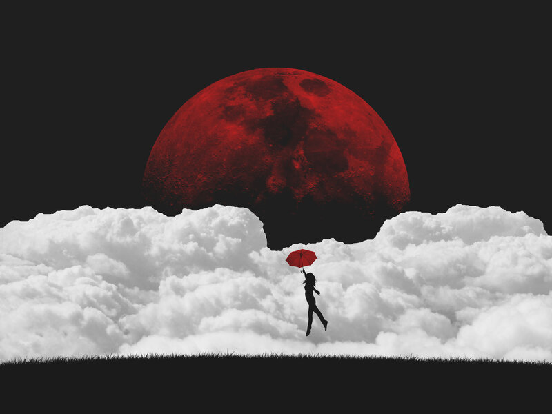 Silhouette with Red Umbrella — Black, Dramatic