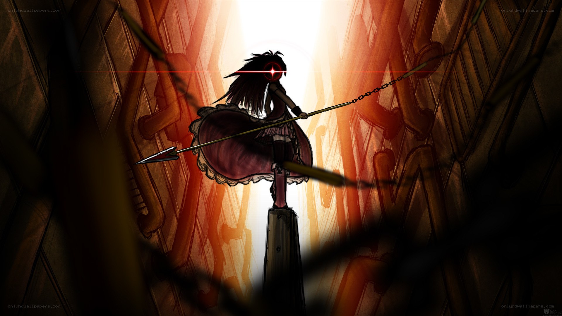 Silhouette with spear in dark corridor