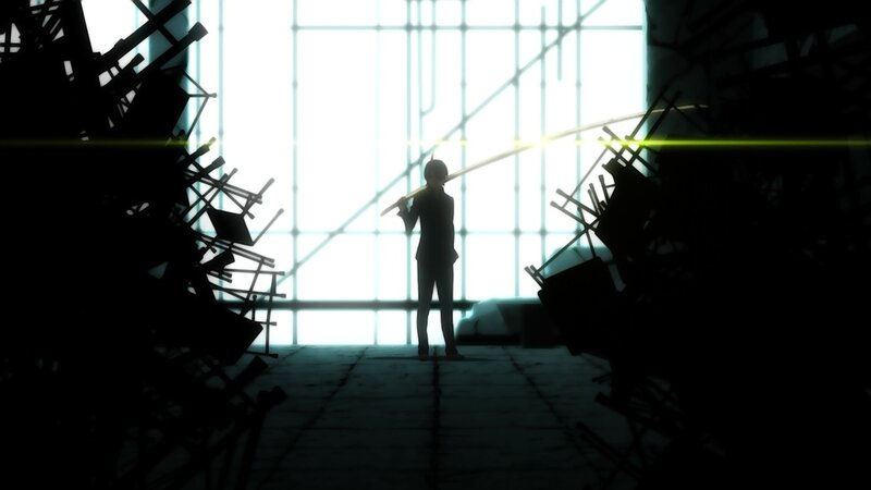 silhouette with staff in ruined room