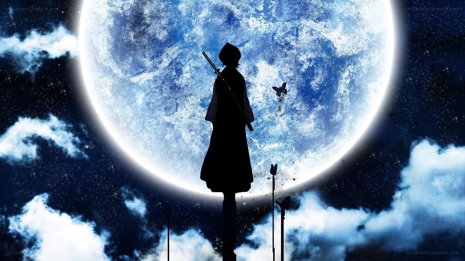 Silhouette with sword under moon