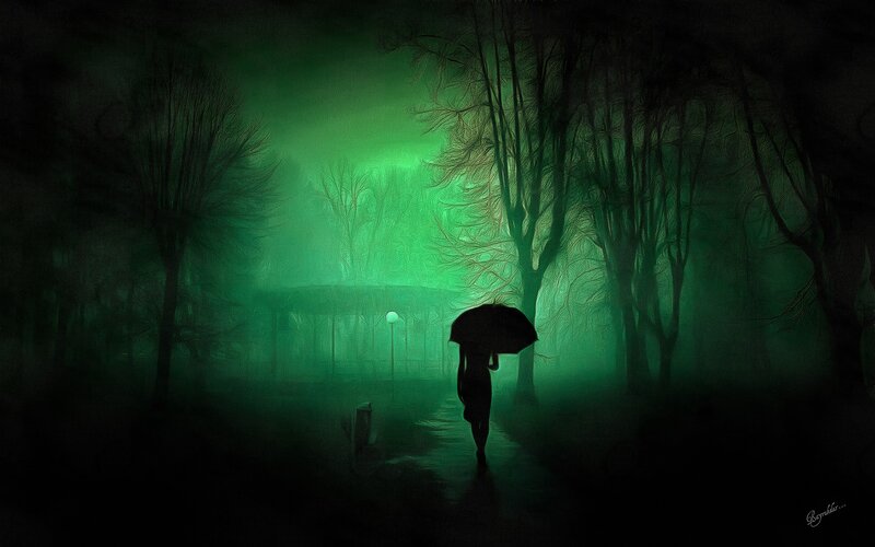 Silhouette with Umbrella — Green, Mysterious