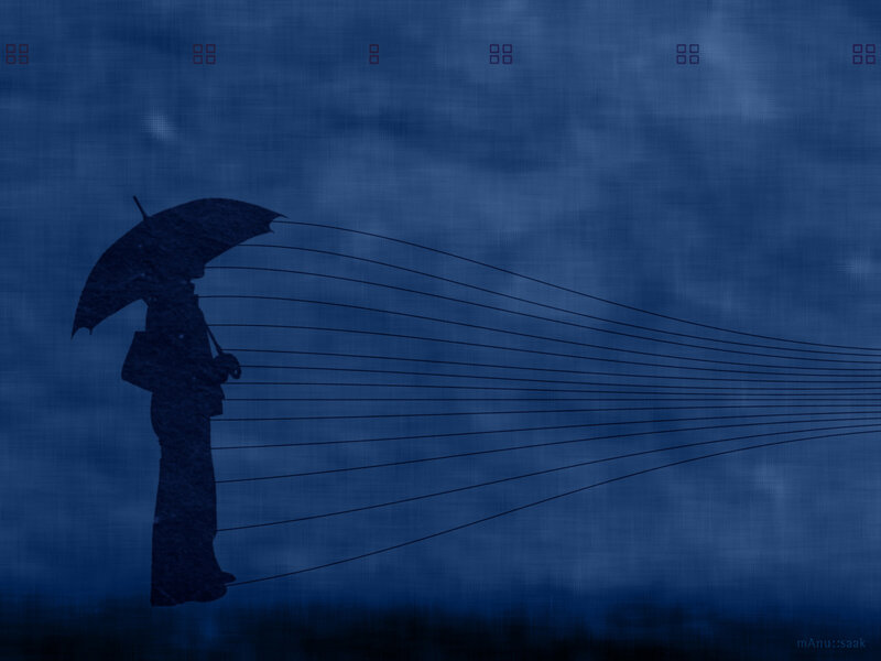 Silhouette with umbrella in blue