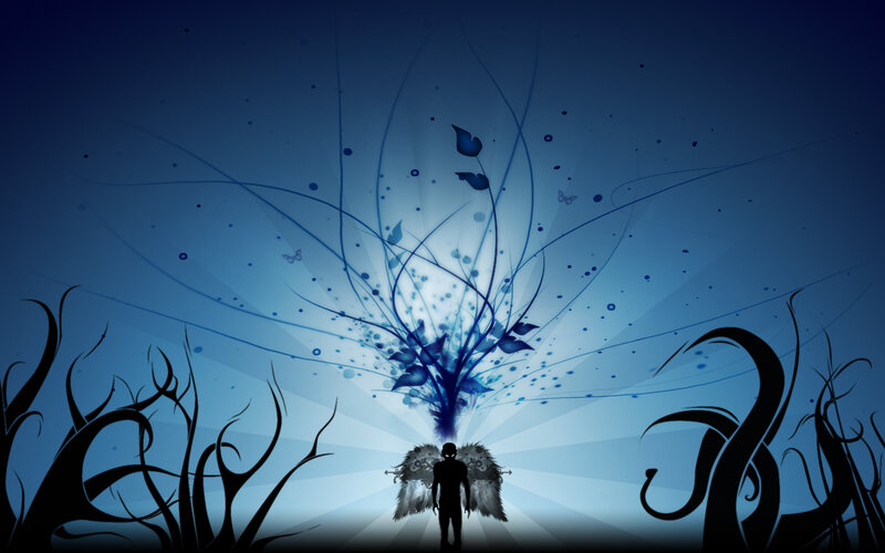 silhouette with wings and blue energy