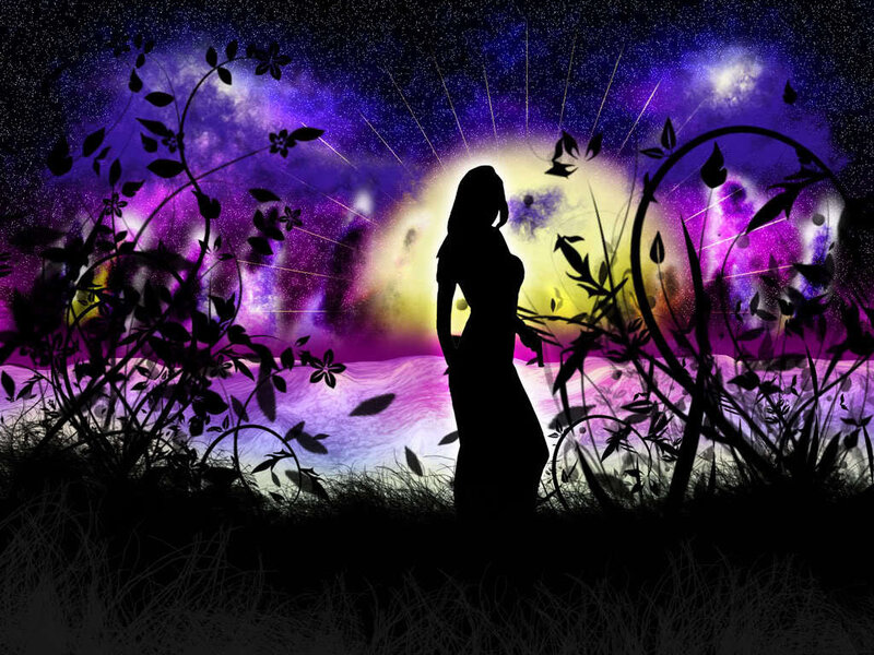 silhouette woman under starry sky