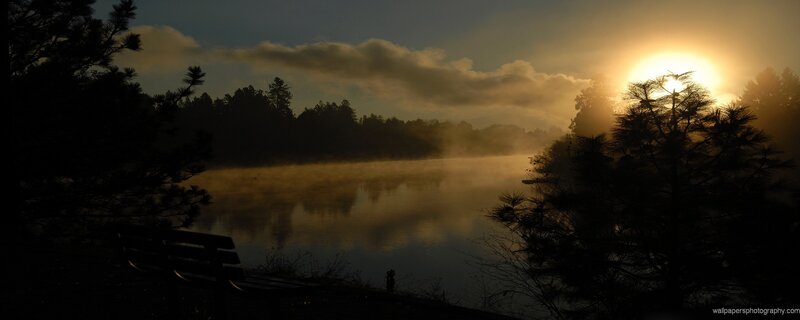 Silhouetted Bench by Lake — Gold, Serene
